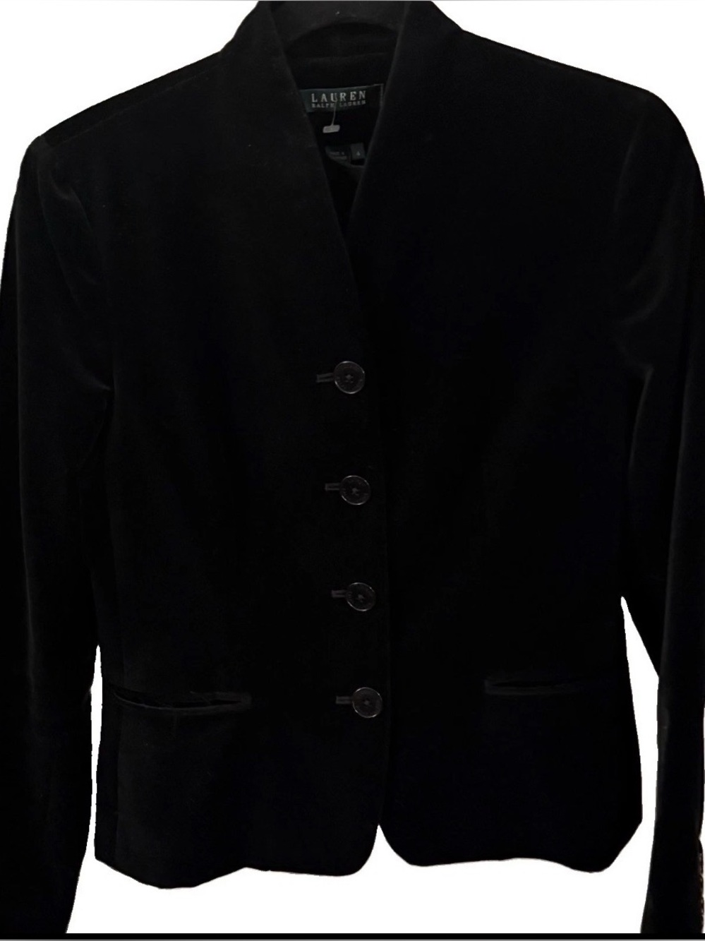 Ralph Lauren Velvet Jacket Black 100% Cotton Hi Collar Princess Seams Sz 4 NWOT